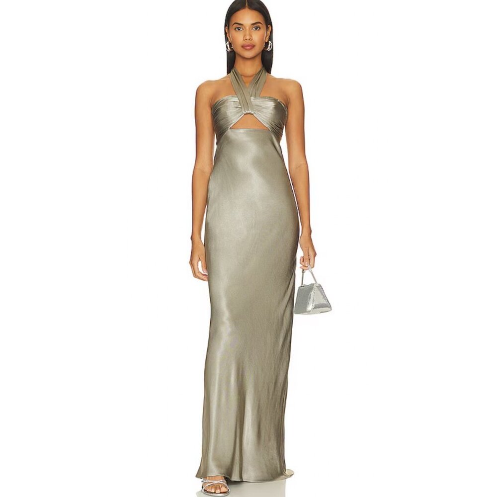 NWT Shona Joy La Lune Ruched Halter Maxi Dress in Sage 4